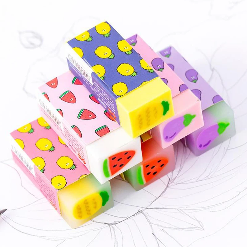4 Pcs/set Cute Fresh Fruits Watermelon Pineapple Eggplant Rubbers Pencil Erasers For Kids Correction Gifts Korean Stationery