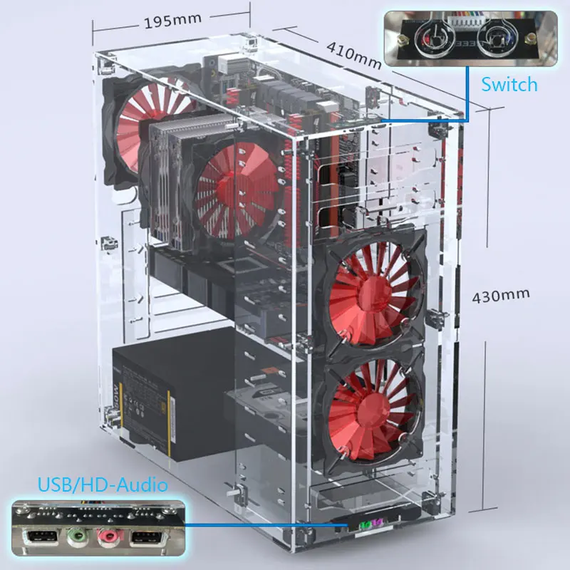 Новейшие настольные компьютеры акриловые прозрачные вертикальные Micro/ATX компьютерные корпуса башни из оргстекла USB3.0/аудио Hands-on в сборе