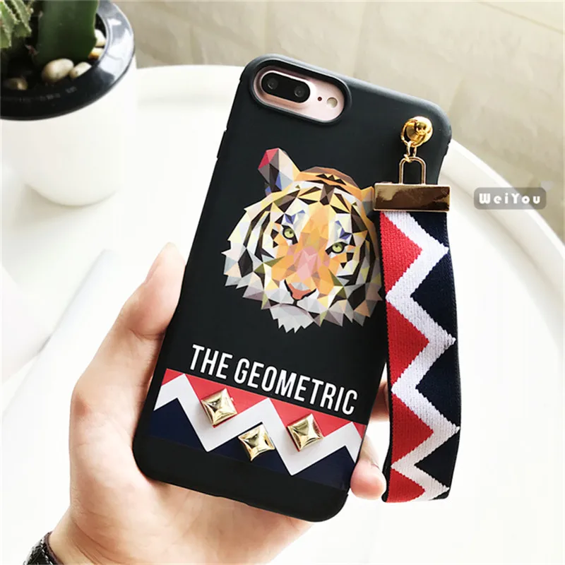 Halloween Animal Printed Case For Iphone X 7 Plus Tiger Rabbit Stud Rivet Wrist Strap Back Cover IPhone 6 6S PLus Coque |