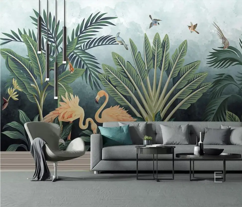 

Customized large-scale 3D fresco medieval hand-painted tropical rainforest flamingo hd background wall decoration mural wallpape