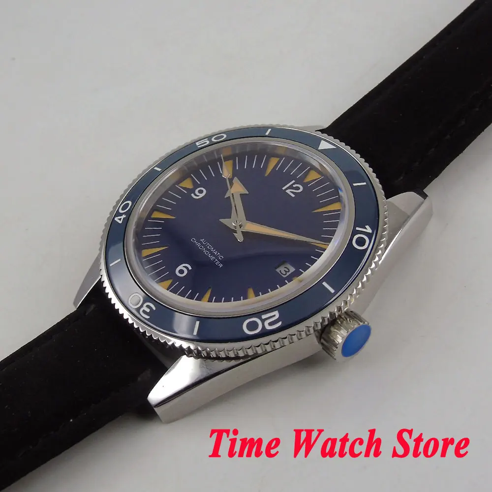 Corgeut 41mm Miyota 8215 5ATM Automatic men's watch leather strap Blue sterile dial Sapphire Glass ceramic bezel cor121 | Наручные