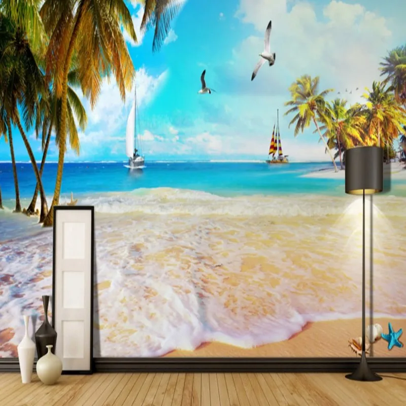 Dropship Colomac Blue Wallpaper Beach Coconut Tree Seagull Sailing Ocean Landscape Wall Mural Bedroom Wand Tapeten | Обустройство