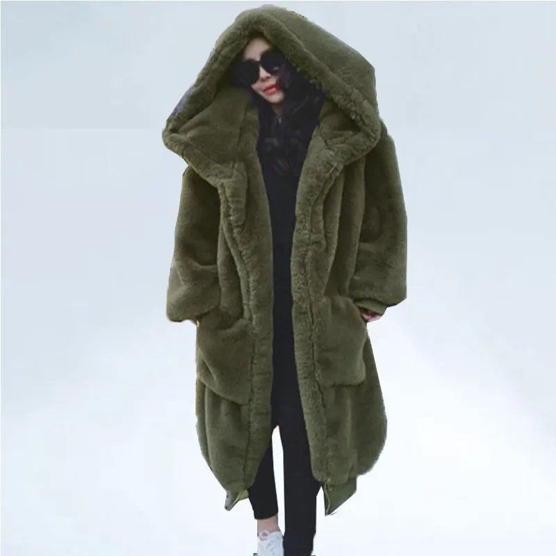 Army Green Зимнее пальто из искусственного меха большого размера, Женская парка, длинная теплая куртка из искусственного меха, пальто, худи, свободное зимнее пальто, верхняя одежда, casaco feminino - Color: Army Green