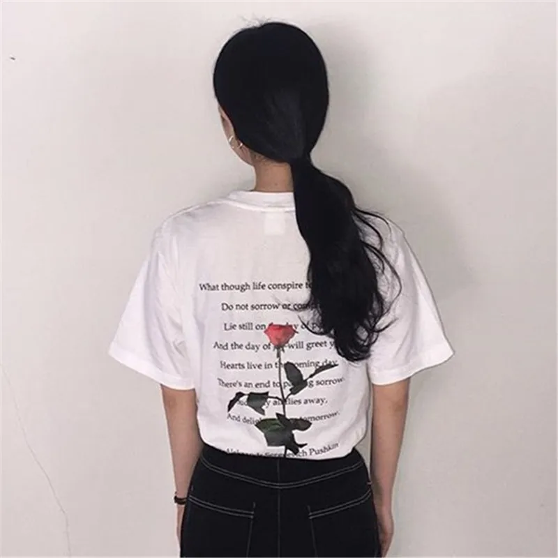 Harajuku/женская и мужская футболка в Корейском стиле с буквенным принтом розы