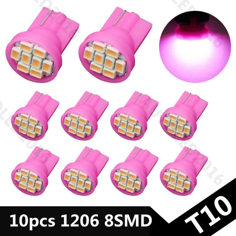 

10PCS Pink 1206 smd T10 8 smd 8smd 8led led 194 168 192 W5W super bright Auto led car lighting wedge Light Bulb Lamp