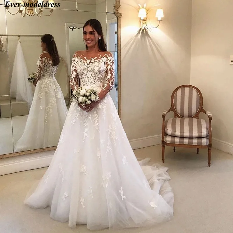 

Vestido De Noiva Beach Wedding Dresses 2020 Boho Bridal Gowns Long Sleeves Appliques Sheer O-Neck Button Back Robe De Mariee
