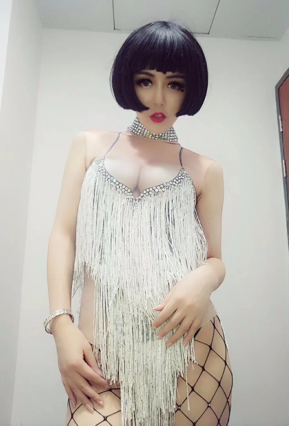 Sexy Cut Sparkly Crystals Tassel Leotard Costume Celebrate Rhinestones Outfit Birthday Silver Diamonds Bodysuit Performance Wear