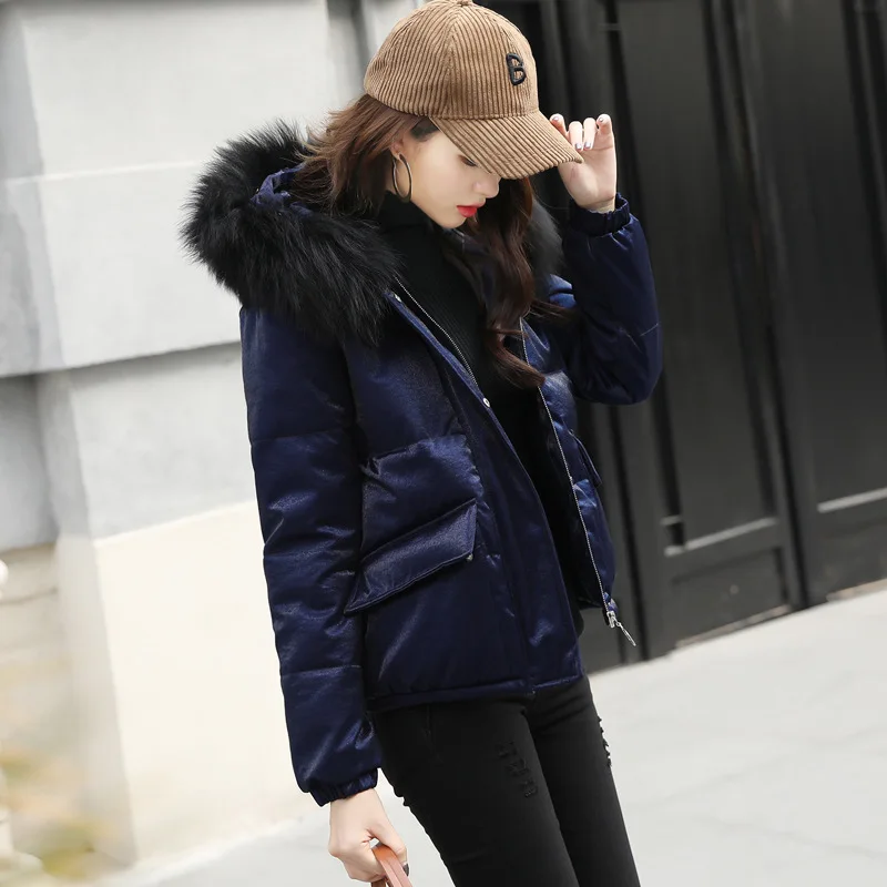 Cotton female 2017 autumn and winter new European American fashion loose long gold Velvet large fur collar hooded padded cot | Женская