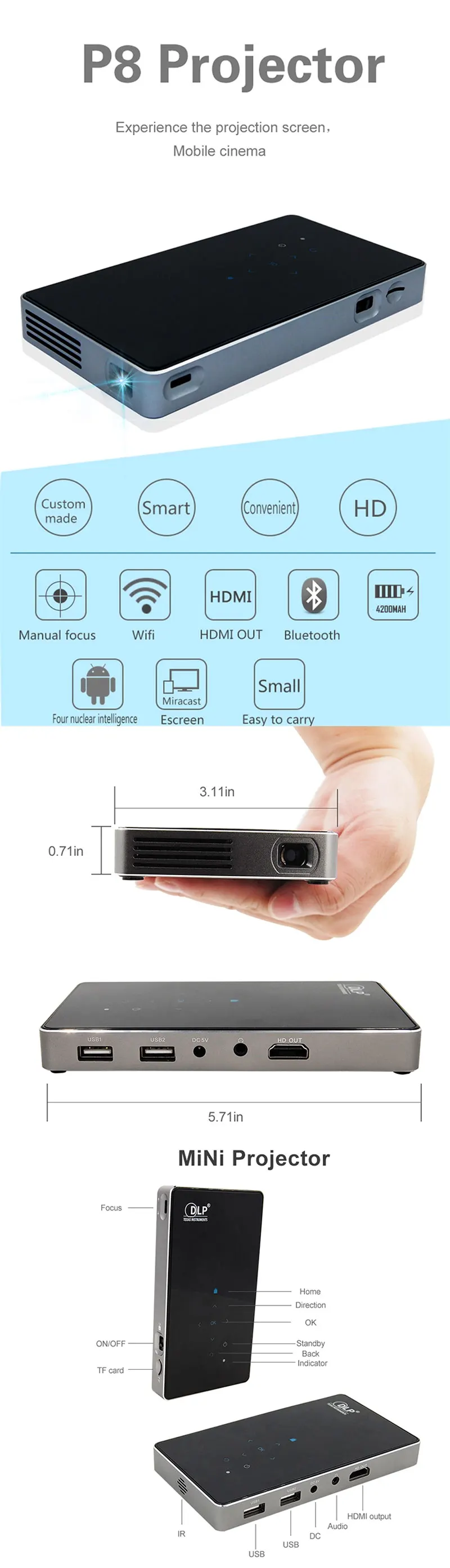 P8 DLP портативный мини-проектор с HDMI wifi BT домашний проектор 854*480P Cortex-7A Android 1GB+ 8GB 2,4G/5G wifi проектор игровая приставка