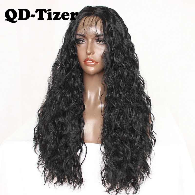 QD Tizer черный парик свободный кудрявый фронта шнурка бесклеевой с волосами