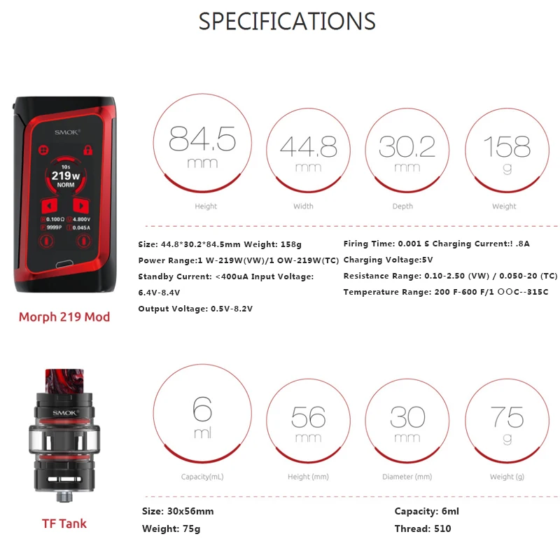 Оригинальный Smok Morph 219 комплект Vape kit Вт MORPH MOD IML смола с 6 мл TF танк и 0 001 s Скорость