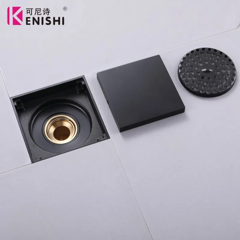 Черный сплошной латунный квадратный слив KENISHI 100x100 мм с защитой от запаха для