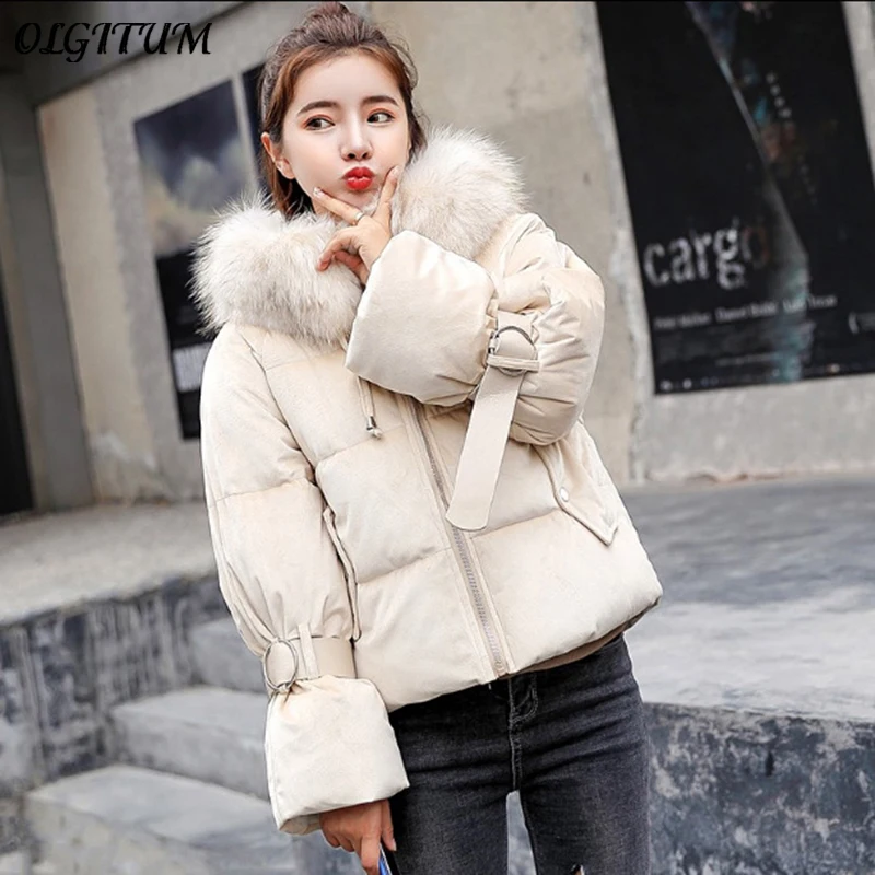 

Female Winter Jacket Coat New Brand 2019 Velvet Short Casual Parkas Big Fur Collar Hooded Thicken Down Cotton Jacket For Women