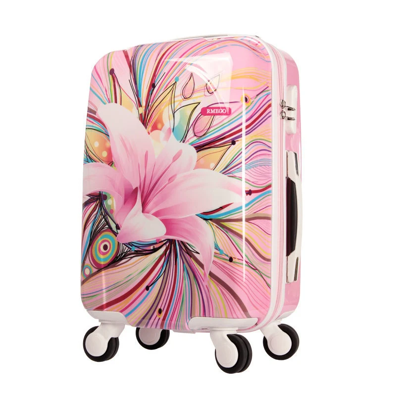 Women Print Trolley Luggage Girls Pink Lily Flower Pattern Travel Suitcase ABS+PC Universal Wheels Hardside Luggage