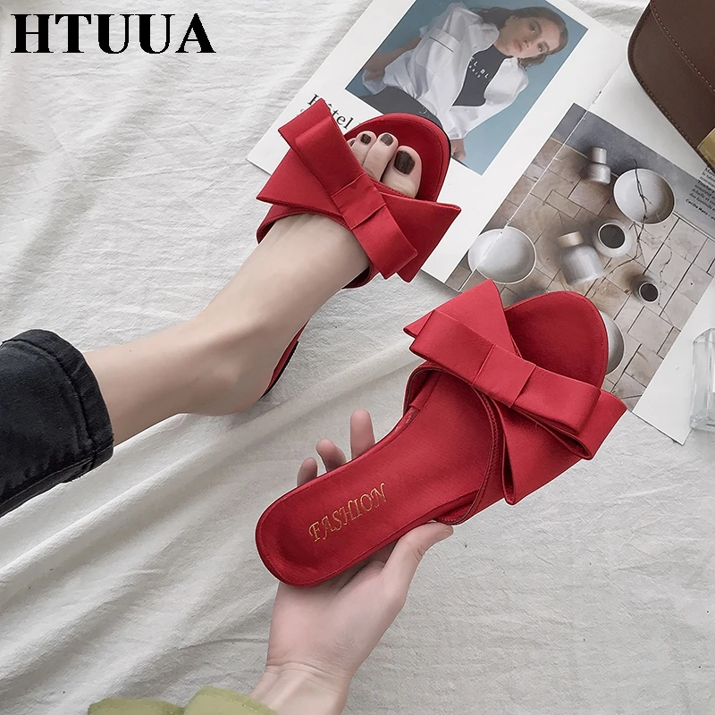 HTUUA/2019 г. Корейские модные атласные тапочки с большим бантом женская обувь