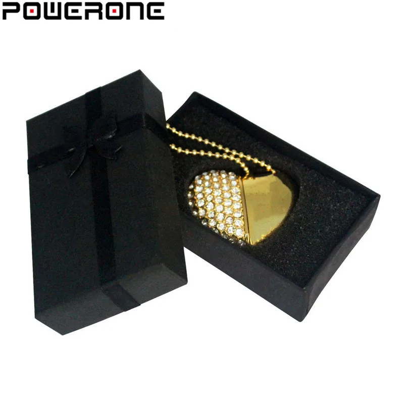 POWERONE Metal diamond crystal heart with gift box USB flash drive pendrive 8GB 16gb 32GB 64GB Memory stick thumb drive Gifts