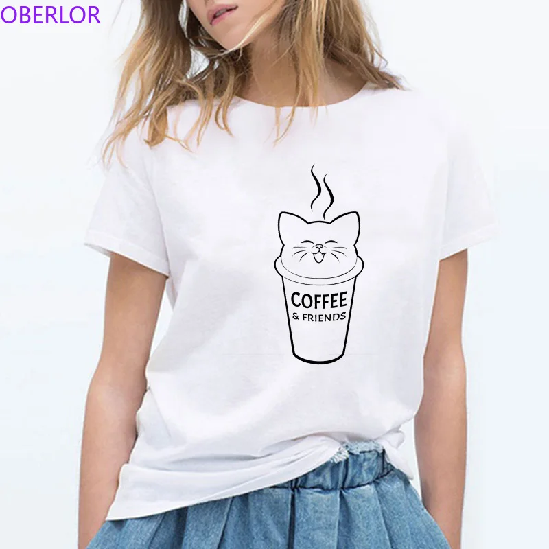 Мода Kawaii Cat кофе и друзья печати женские футболки летние с коротким рукавом o-образным вырезом повседневная одежда Vogue Tumblr топы тройник