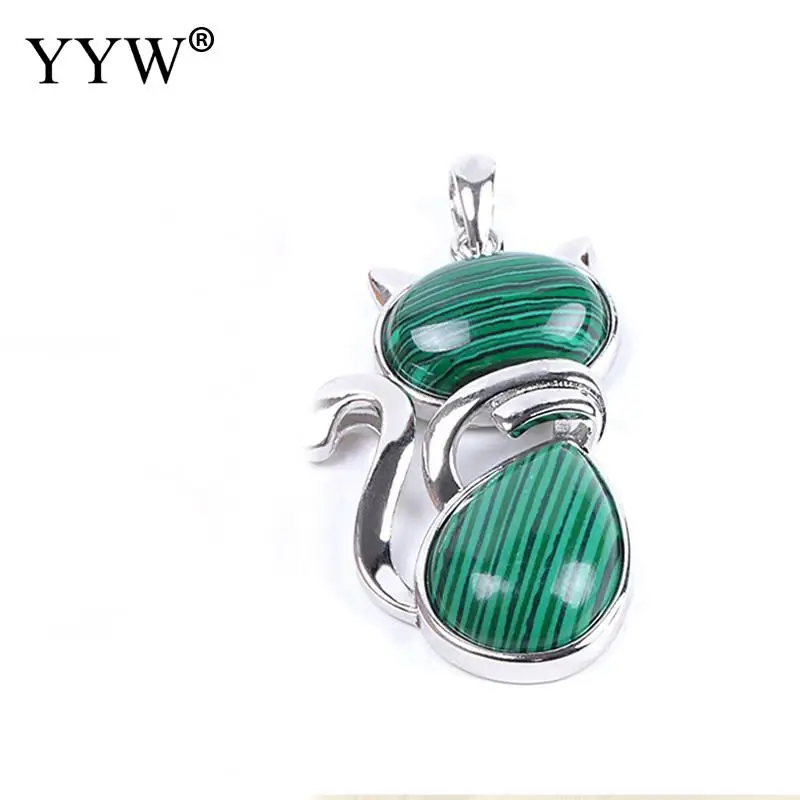malachite YYW кулон из натурального камня для женщин и девочек, милый кот, форма рок, розовый кварц, черный оникс, аметисты, морской опал, бусы, цепочка, рейки, ювелирные изделия - Окраска металла: malachite
