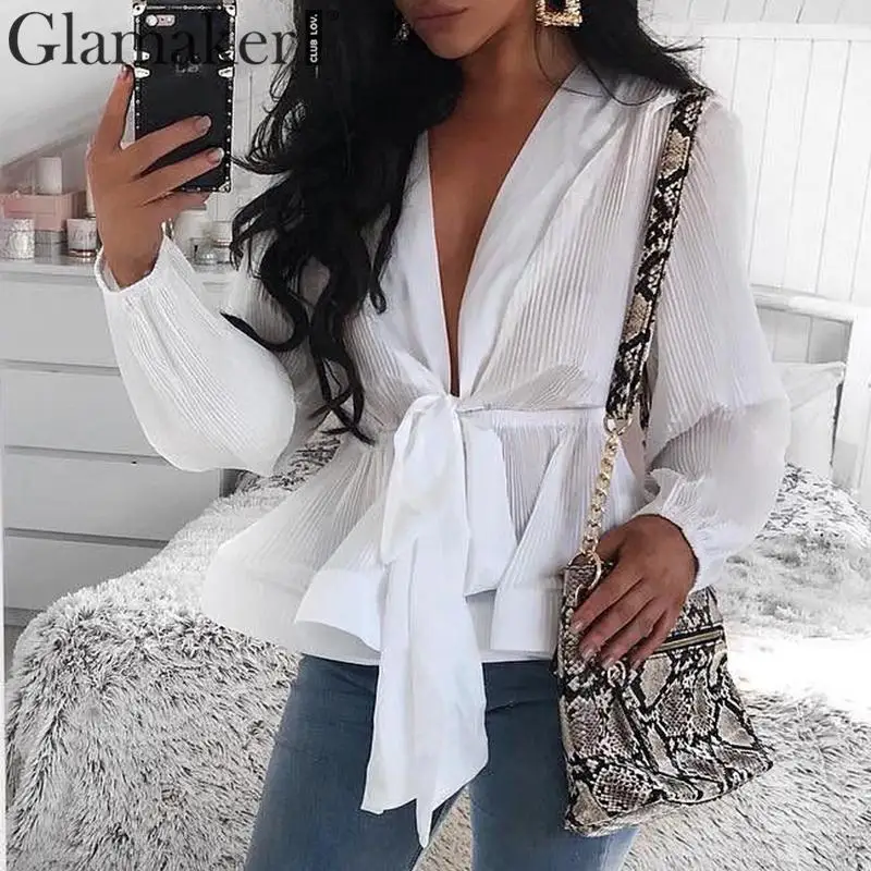 Glamaker, Сексуальная плиссированная шифоновая блузка на шнуровке, рубашка, женская летняя блузка с глубоким v-образным вырезом, женская рубашка с рукавом-фонариком, офисный Топ
