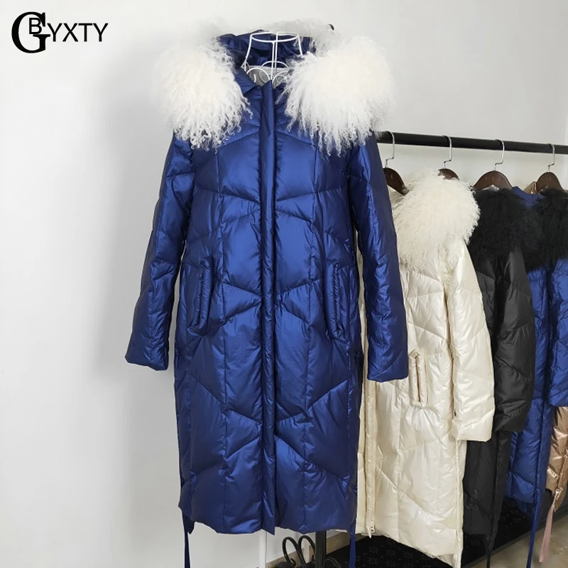GBYXTY зимняя куртка-пуховик на 90% утином пуху, длинное плотное Женское пальто с шерстяным воротником и капюшоном, пуховая куртка-парка Mujer ZA1605