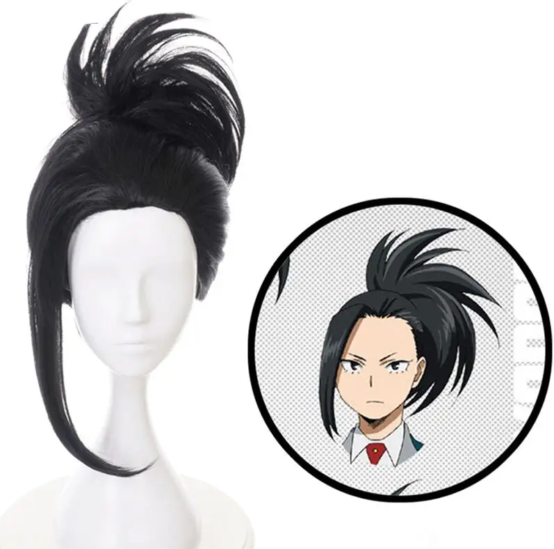 Натуральный чёрный Ebingoo волос Кепки+ мой герой Академии Момо Yaoyorozu короткие черные хвост Синтетический Косплэй парик для Для женщин Косплэй костюм - Цвет: Натуральный чёрный