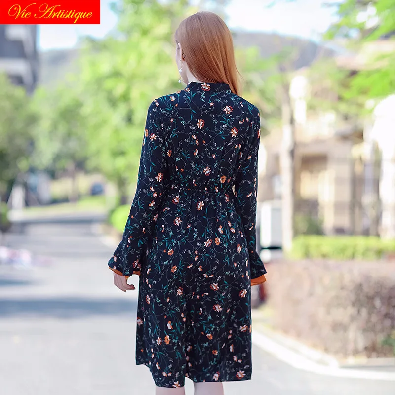 2018 summer dress women's party casual work dresses elastic waist navy blue printed flower large plus size maxi long beach | Женская