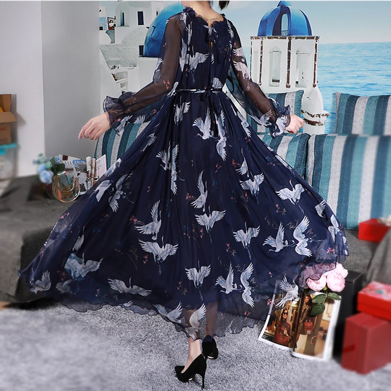Ruffle collar vintage Printed Long Sleeve Runway High quality womens Maxi Dress Holiday Beach Plus Sizes flowy dress | Женская одежда