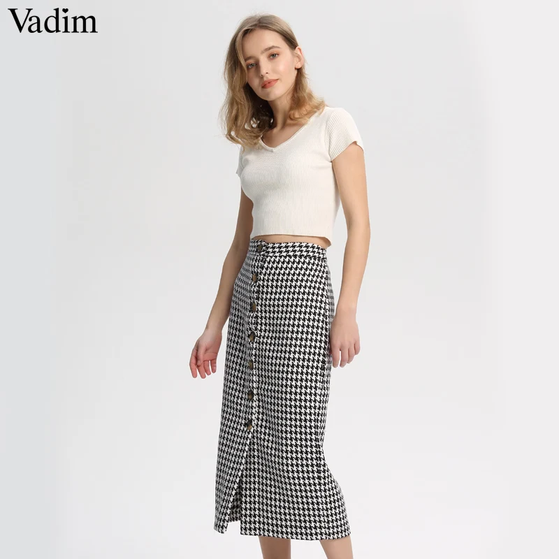 Vadim Женская винтажная клетчатая миди юбка faldas mujer Houndstooth пуговицы Ретро Женская одежда повседневные шикарные юбки BA138