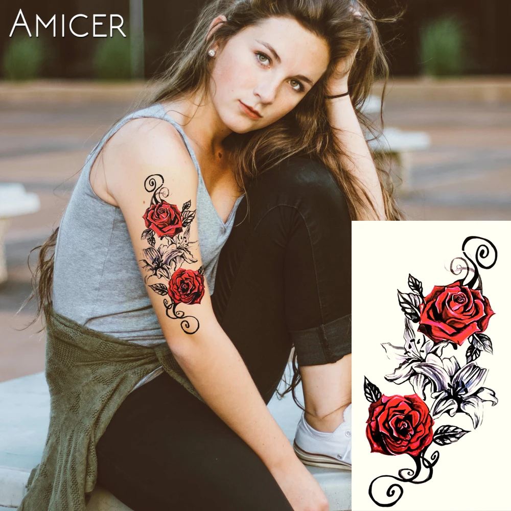 

1PC Red Roses Hot Black White Large Flower Henna Temporary Tattoo Black Mehndi Style Waterproof Tattoo Sticker