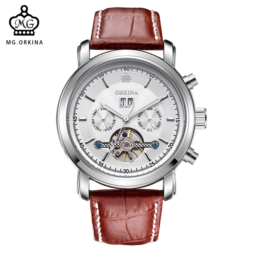 Часы мужские механические с кожаным ремешком и отображением даты|clock fashion|clock