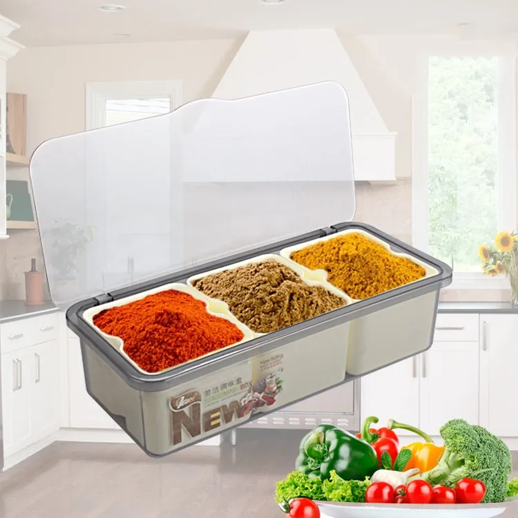 Кухонная коробка для хранения пищевых продуктов, пластиковая 3 коробки с крышкой+ ложка для зерновых специй, многофункциональная коробка для хранения приправ