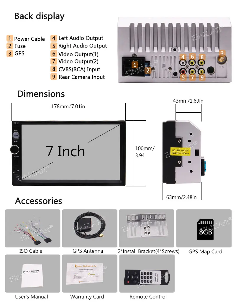 

Double Din 7'' Car Video Player GPS Navigation Car Stereo for HD Digital Touch Screen 2din Car Radio FM AM Transmitter Supports