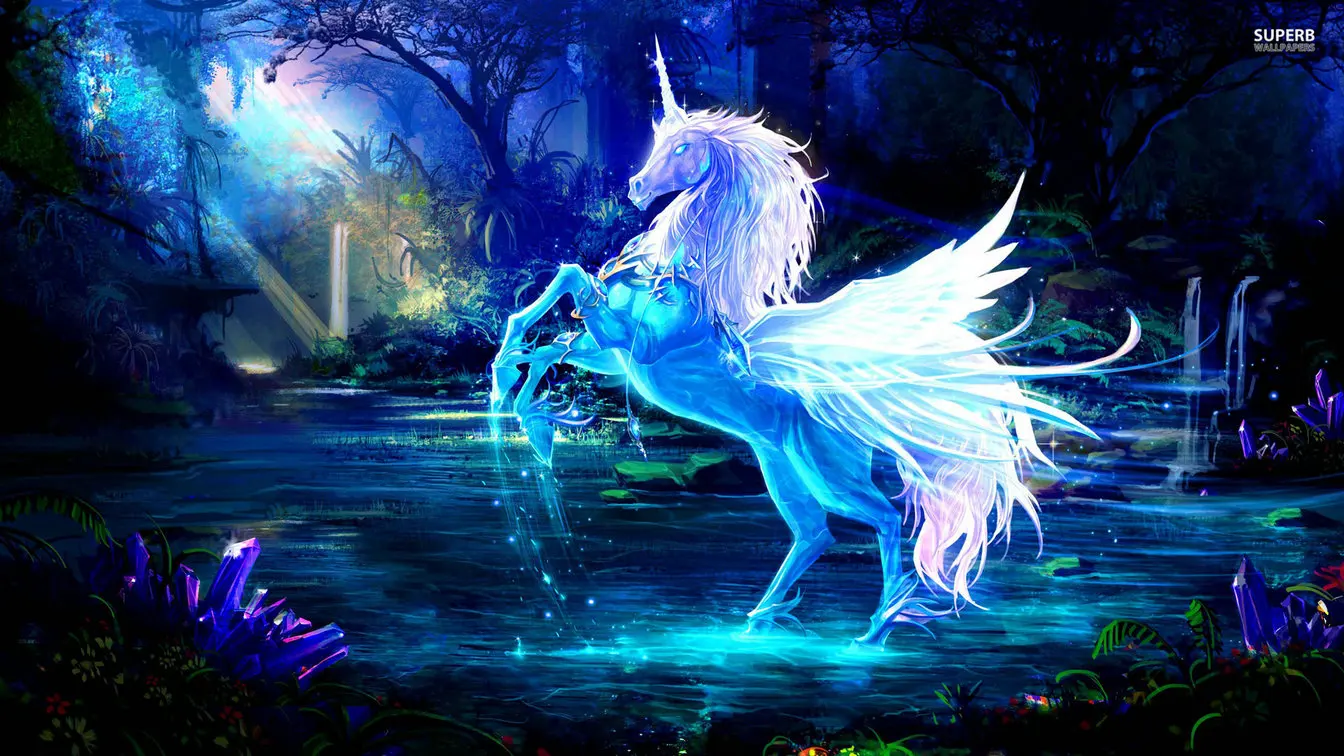 

blue light Unicorn Wings Magic Forest Tree River photo backdrop High quality Computer print party background