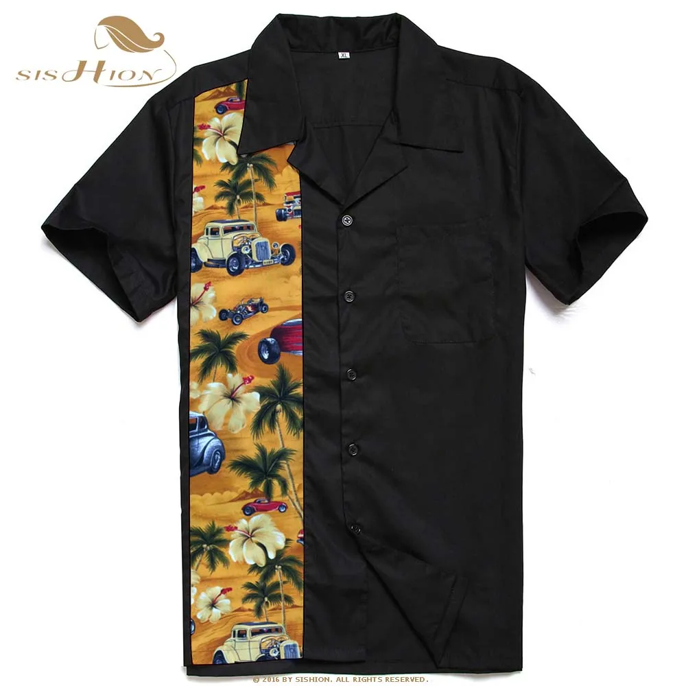 

SISHION Vintage 1950s Retro Mens Bowling Shirt ST110 Rock N Roll Short Sleeve Punk Rave Shirt Mens Palm Cars Stitching Men Shirt
