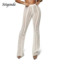 stigende women summer beach knitted hollow out pants see through mesh crochet flare pant sexy bodycon party trousers clubwear
