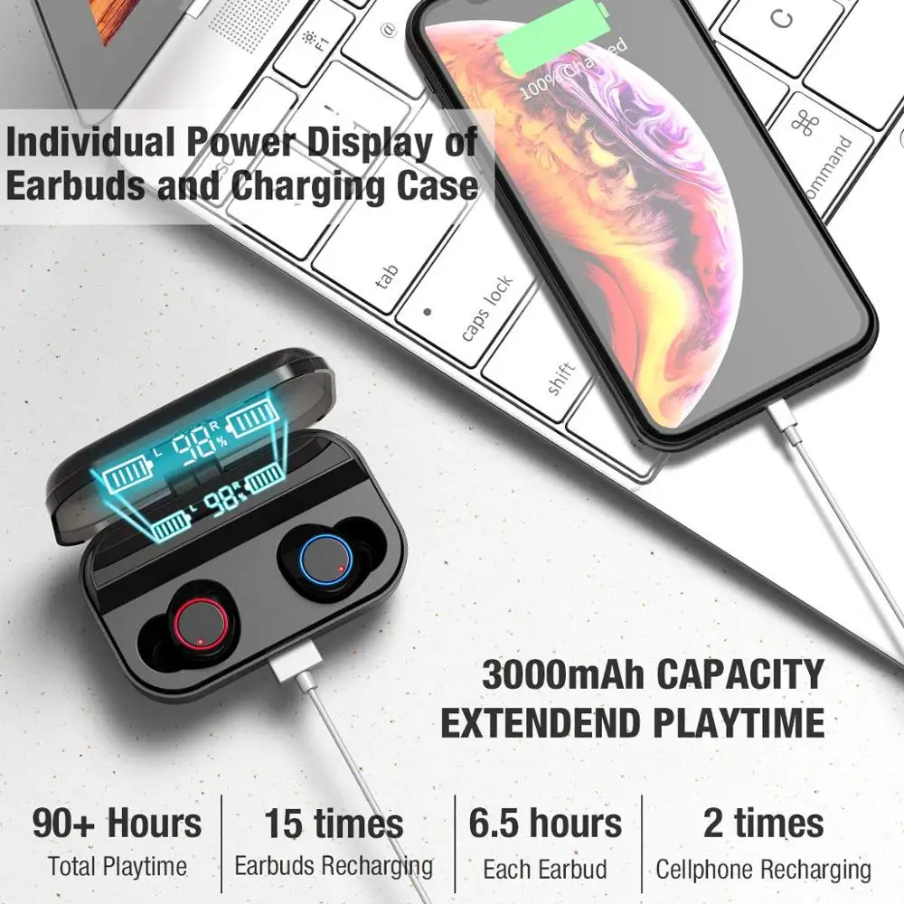3000mAh беспроводные наушники Bluetooth 5 0 светодиодный дисплей батареи 90H время