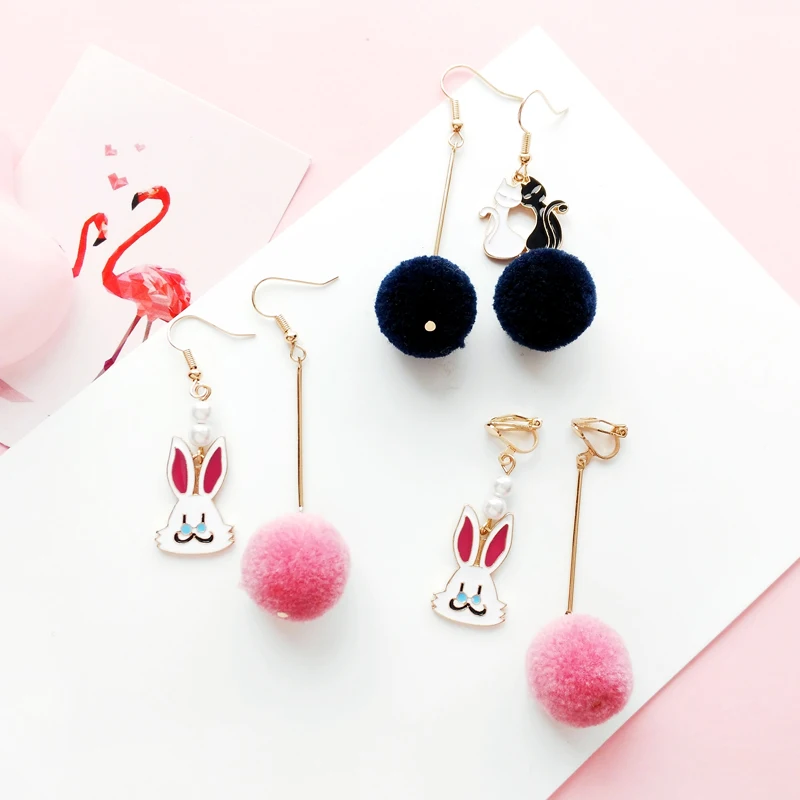 Japan and South Korea sweet girl wonderland lovely rabbit long hair bulb earrings asymmetric cat ear clip female students | Украшения и
