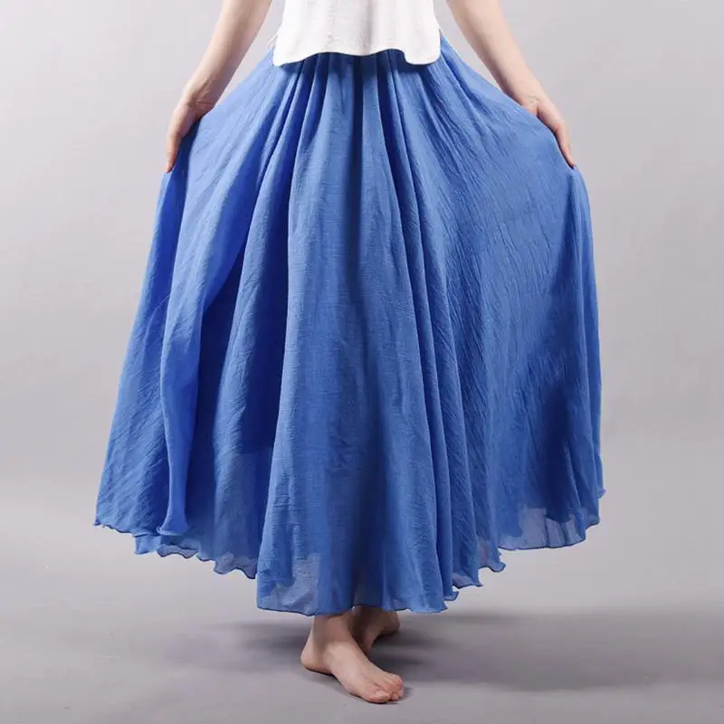 dark blue LITTHING, Длинная женская юбка с высокой талией, однотонная, плиссированная, этническая юбка, полная/до щиколотки, плиссированная, Ретро стиль, макси, лен - Цвет: dark blue