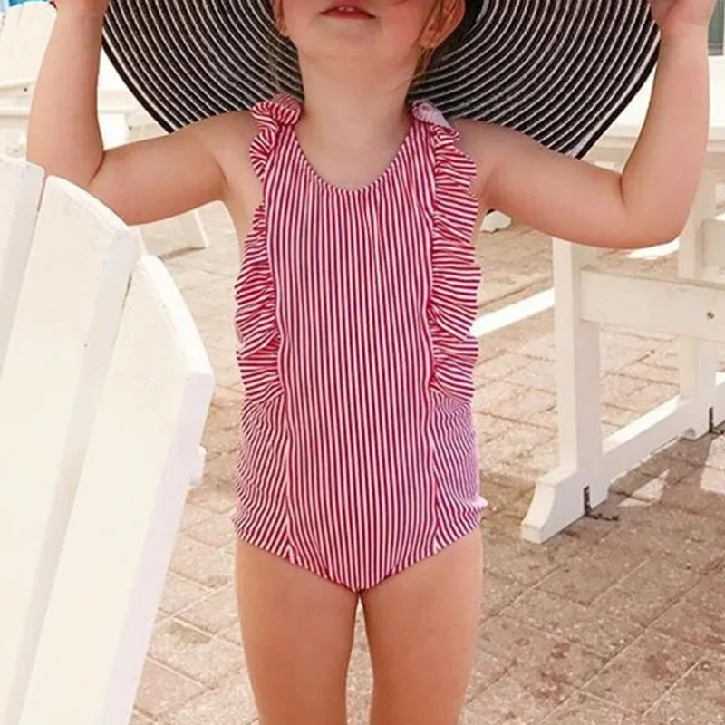 Сладкий однотонный купальник для девочек Kid Baby Girls с полосками и оборками, пляжная одежда, зеленый, розовый, черный.