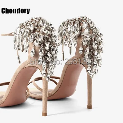 Summer Bling Bling Women Gladiator Sandals Brand Suede Strappy High Heels Shoes Woman Lace Up Pumps Rhinestone Cover Heel Sandal