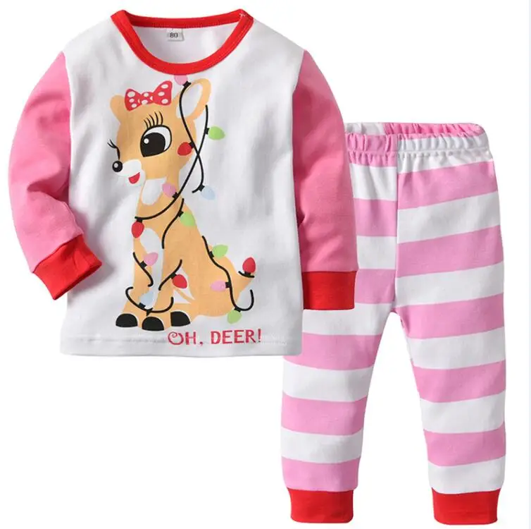 Розовый Christmas Clothes Children's Clothing Girl Boy Christmas elk pajamas set Pajamas Set Baby Cotton Kids Home Suit - Цвет: Розовый
