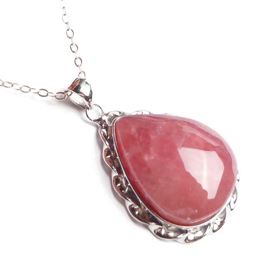 

Genuine Natural Ice Rhodochrosite Gems Stone Women Femme Love Silver Necklace Water Drop Bead Pendant