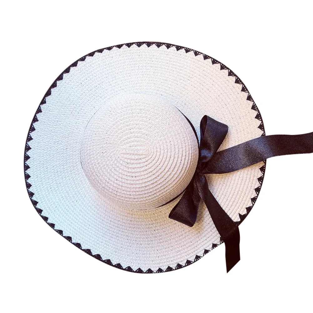 Summer Women Flat Sun Hat European Casual Fashion Elegant Bowknot Wide Brim Sunshade Holiday Beach Cap Sunhat Female Girls | Аксессуары