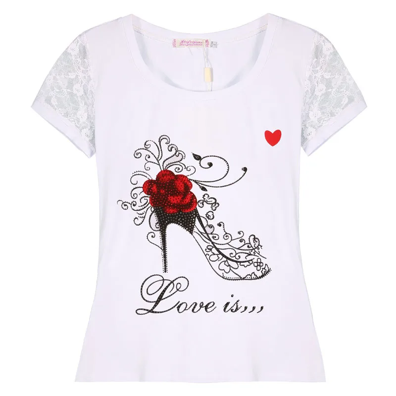 Женская Кружевная футболка с коротким рукавом Camisetas Mujer летняя принтом