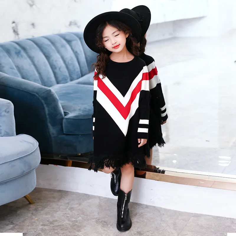 

2017 winter girls long turtleneck sweater children tassel loose outerwear kids fashion batwing sleeve tops cloaks