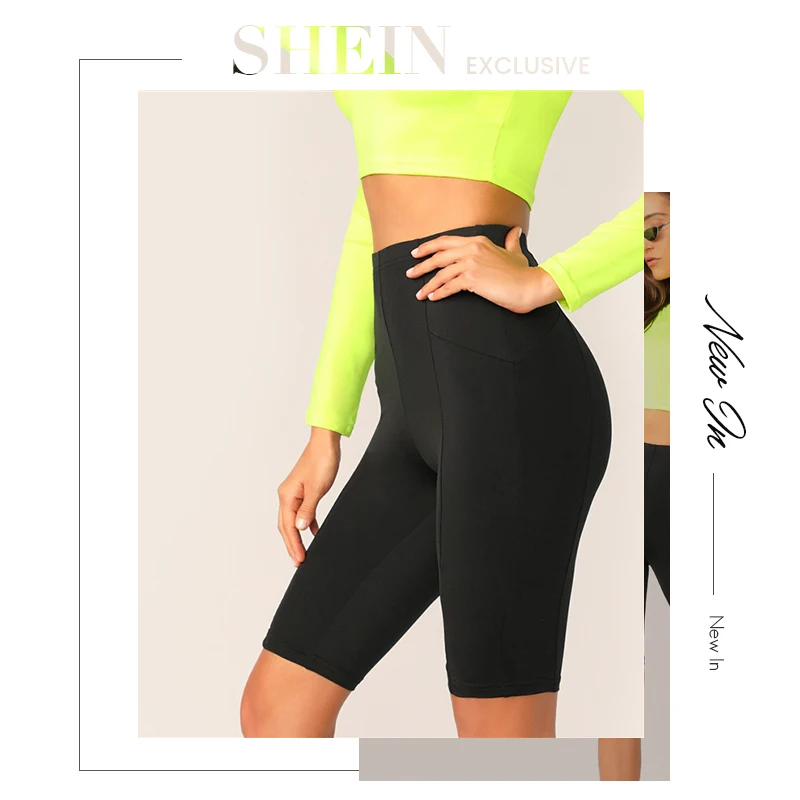 SHEIN черные однотонные леггинсы с высокой талией для велоспорта и отдыха, короткие леггинсы для фитнеса, женские летние базовые леггинсы для тренировок