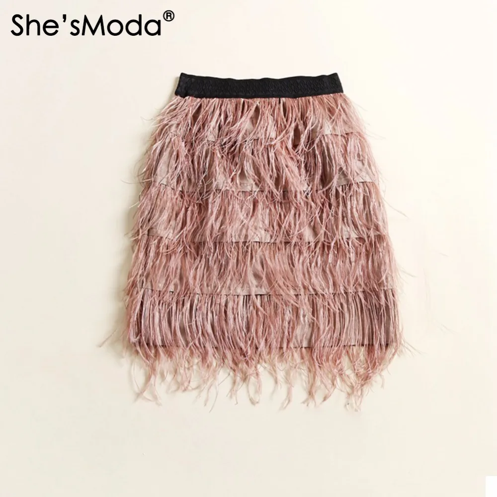 She'smoda страуса Перо замша подкладка Для женщин свадьбу прямо до колен Длина юбка