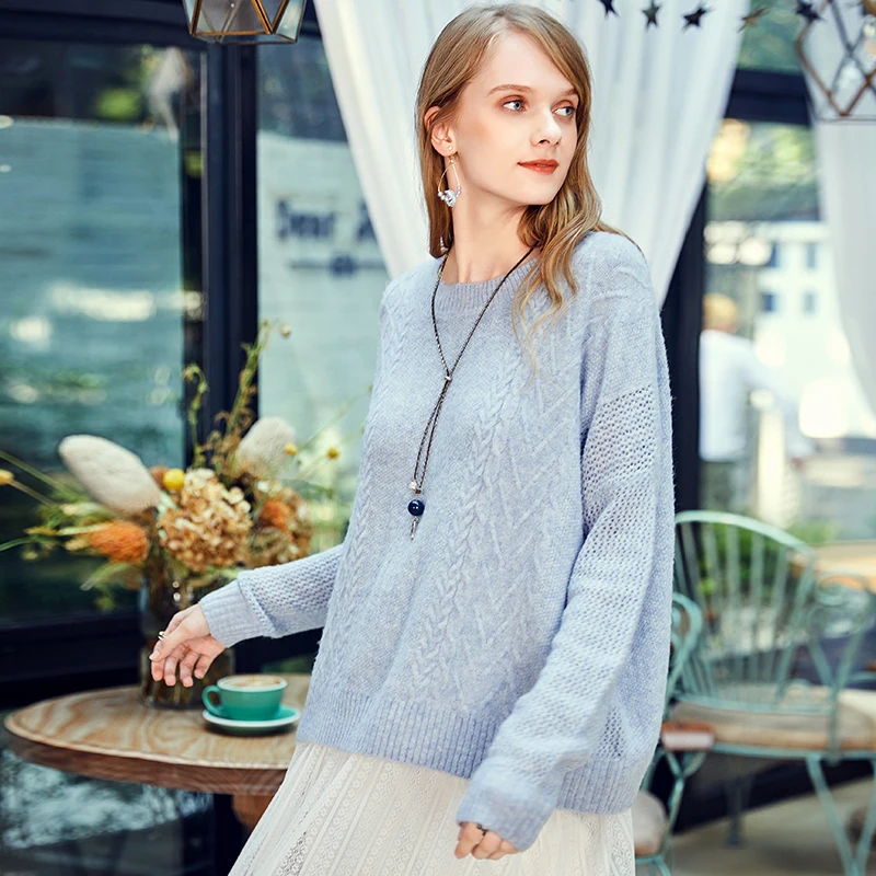 ARTKA 2018 Autumn and Winter New Women Solid Light Blue Hollow Pullovers Loose Long Sleeve O-neck Knitted Sweater YB10989Q | Женская