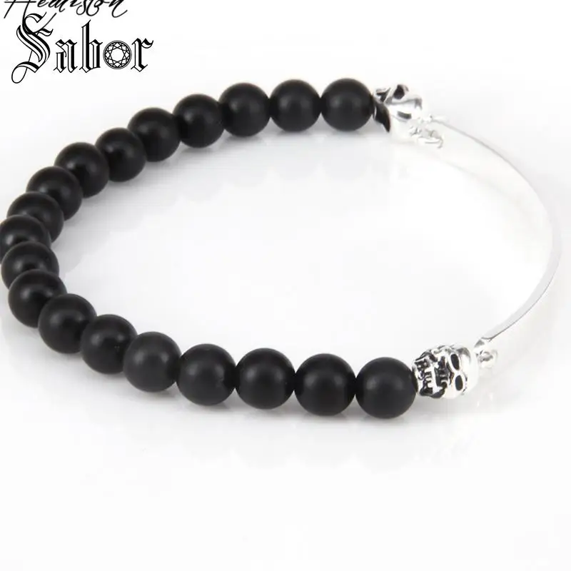 Череп бусина и 6 мм черный обсидиан матовая мост штамп для браслетов Rebel Rock