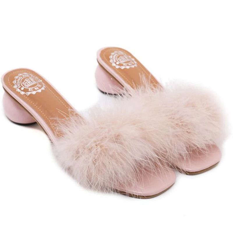 Женская летняя обувь сандалии с мехом женские 5 см на круглом каблуке шлепанцы